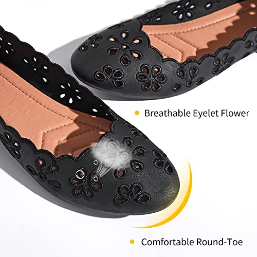 Women's Ballet Flats Black PU Leather Dress Shoes Comfortable Round Toe Slip on Flats with Floral Eyelets(Black.US8.5)