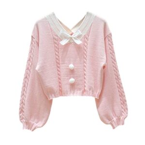 cuteighteen cute sweaters for women cable knit v neck cropped loose sweater pullover long sleeve top with bow (pink)