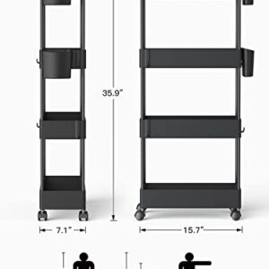 Pipishell Slim Storage Cart with Wheels, 4 Tier Bathroom Storage Organizer Rolling Utility Cart for Bathroom Kitchen Laundry Room Office Narrow Place (Black)