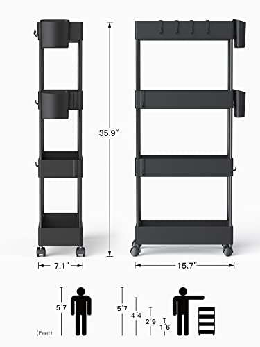 Pipishell Slim Storage Cart with Wheels, 4 Tier Bathroom Storage Organizer Rolling Utility Cart for Bathroom Kitchen Laundry Room Office Narrow Place (Black)