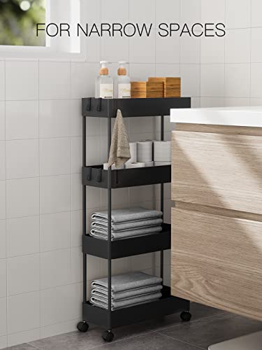 Pipishell Slim Storage Cart with Wheels, 4 Tier Bathroom Storage Organizer Rolling Utility Cart for Bathroom Kitchen Laundry Room Office Narrow Place (Black)