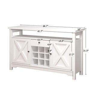 Modern Coffee Bar Cabinet, 47” Storage Cabinet Sideboard Buffet Barn Door Drawer Open Shelf for Kitchen, Dining/ Living Room 47" x 16" x 32"(White)