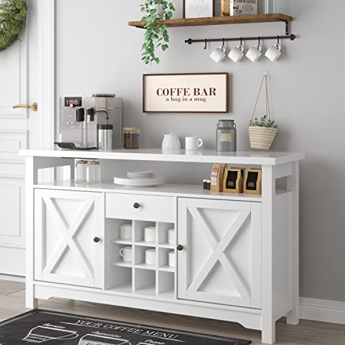 Modern Coffee Bar Cabinet, 47” Storage Cabinet Sideboard Buffet Barn Door Drawer Open Shelf for Kitchen, Dining/ Living Room 47" x 16" x 32"(White)