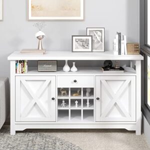 Modern Coffee Bar Cabinet, 47” Storage Cabinet Sideboard Buffet Barn Door Drawer Open Shelf for Kitchen, Dining/ Living Room 47" x 16" x 32"(White)