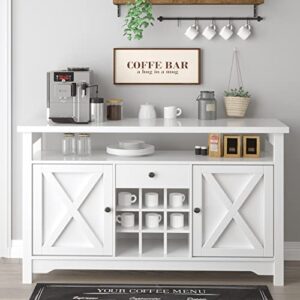 Modern Coffee Bar Cabinet, 47” Storage Cabinet Sideboard Buffet Barn Door Drawer Open Shelf for Kitchen, Dining/ Living Room 47" x 16" x 32"(White)