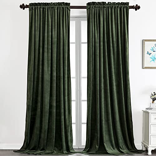 Benedeco Green Velvet Curtains for Bedroom Window, Super Soft Luxury Drapes, Room Darkening Thermal Insulated Rod Pocket Curtain for Living Room, W52 by L84 inches, 2 Panels