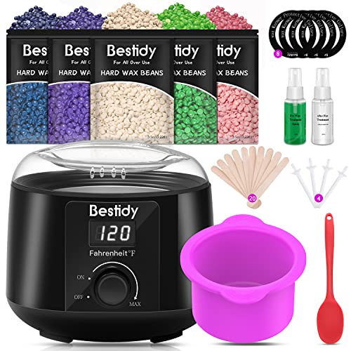 Bestidy Waxing Kit for Women and Men Home Wax Warmer with 5 Pack Hard Wax Beads Hot Wax Hair Removal for Brazilian Body Underarm Bikini Chest Legs Face Eyebrow