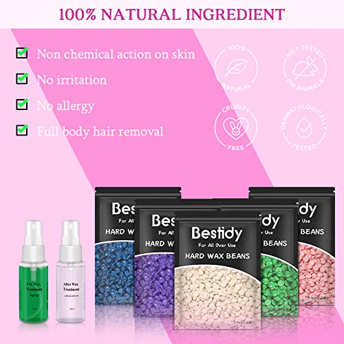 Bestidy Waxing Kit for Women and Men Home Wax Warmer with 5 Pack Hard Wax Beads Hot Wax Hair Removal for Brazilian Body Underarm Bikini Chest Legs Face Eyebrow