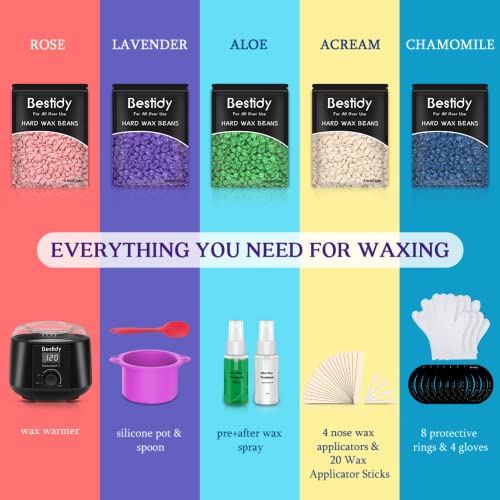 Bestidy Waxing Kit for Women and Men Home Wax Warmer with 5 Pack Hard Wax Beads Hot Wax Hair Removal for Brazilian Body Underarm Bikini Chest Legs Face Eyebrow