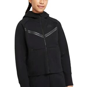 Nike Girl's NSW Tech Fleece Windrunner Full Zip Hoodie (Little Kids/Big Kids) Black/Black MD (10-12 Big Kid)