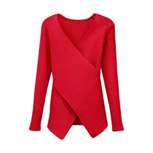 women's v-neck wrap slim sweater criss cross wrap long sleeve pullover tops asymmetric hem knitted crop solid pullover (red,large)
