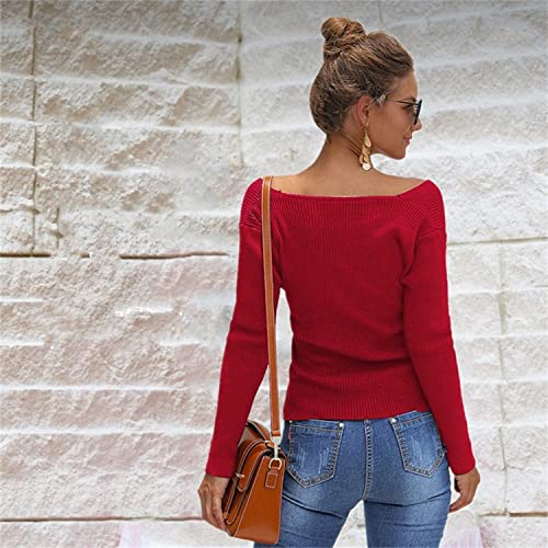 Women's V-Neck Wrap Slim Sweater Criss Cross Wrap Long Sleeve Pullover Tops Asymmetric Hem Knitted Crop Solid Pullover (Red,Large)