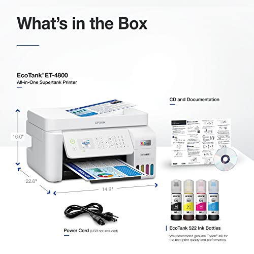 Epson EcoTank ET-4800 Wireless All-in-One Cartridge-Free Supertank Printer with Scanner, Copier, Fax, ADF and Ethernet – Ideal-for Your Home Office, White