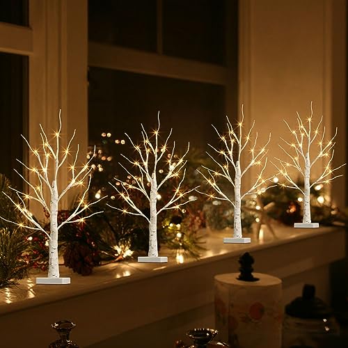 PEIDUO Christmas Tree, Christmas Table Decorations, 2FT Birch Tree with LED Lights, Warm White Tree Lamp, Fairy Light Spirit Tree for Xmas Room Inside Mantel Decor, Battery Powered, 6H/18H Timer (4PK)