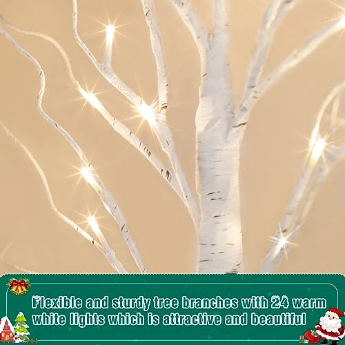 PEIDUO Christmas Tree, Christmas Table Decorations, 2FT Birch Tree with LED Lights, Warm White Tree Lamp, Fairy Light Spirit Tree for Xmas Room Inside Mantel Decor, Battery Powered, 6H/18H Timer (4PK)