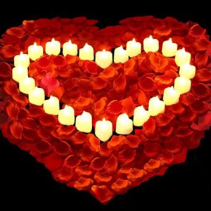 ausaye valentines decor 1000 pieces artificial rose petals with 24pcs heart shaped led candles flameless romantic love led tea lights for night light valentine's day anniversary wedding table decor