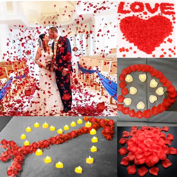 AUSAYE Valentines Decor 1000 Pieces Artificial Rose Petals with 24Pcs Heart Shaped LED Candles Flameless Romantic Love LED Tea Lights for Night Light Valentine's Day Anniversary Wedding Table Decor