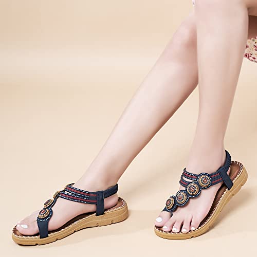 HARENCE Womens Sandals Comfortable Flats Shoes Summer Casual Elastic Ankle Strap Bohemian Beaded Flat Sandals for Women