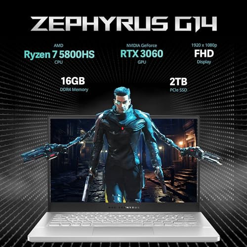 ASUS 2022 ROG Zephyrus 14" FHD 144Hz Gaming Laptop, AMD Ryzen 7-5800HS Processor, 16GB RAM, 2TB PCIe SSD, Backlit Keyboard, NVIDIA GeForce RTX 3060 Graphics, Windows 11, White, 32GB USB Card