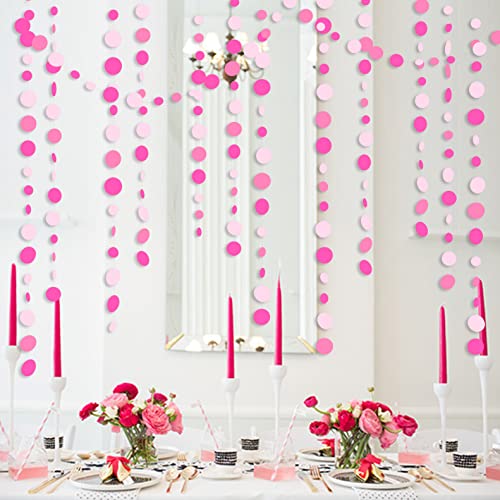 Hot Pink Party Decorations Circle Dots Garland Rose Pink White Hanging Paper Polka Dots Streamer for Birthday Bachelorette Engagement Wedding Baby Bridal Shower Anniversary Minnie Theme Party Supplies