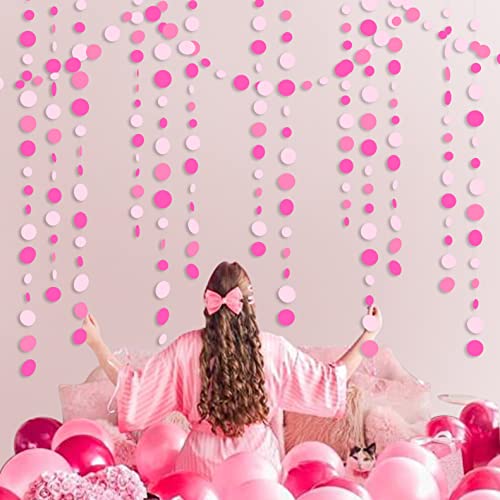 Hot Pink Party Decorations Circle Dots Garland Rose Pink White Hanging Paper Polka Dots Streamer for Birthday Bachelorette Engagement Wedding Baby Bridal Shower Anniversary Minnie Theme Party Supplies