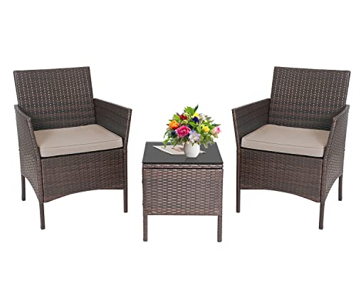 PayLessHere 3-Piece Outdoor Wicker Conversation Bistro Set Outdoor Patio Porch Furniture Sets for Yard, Garden with 2 PE Rattan Wicker Chairs, 2 Cushions,1 Coffee Table (Khaki)