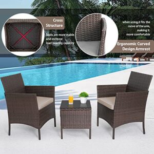 PayLessHere 3-Piece Outdoor Wicker Conversation Bistro Set Outdoor Patio Porch Furniture Sets for Yard, Garden with 2 PE Rattan Wicker Chairs, 2 Cushions,1 Coffee Table (Khaki)