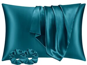 king satin pillowcase for hair and skin, king silk pillowcase 2 pack, king size silk pillowcase set of 2 with envelope closure, teal 20x36 inches & 2 scrunchies by cj&j home