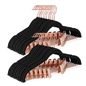 HOUSE DAY Velvet Pants Hangers with Clips 24 Pack, Ultra Thin Non Slip Velvet Skirt Hangers with Rose Gold Hooks Space Saving Clothes Hanger for Trouser, Skirts, Jeans, Dress, Coats (Black)