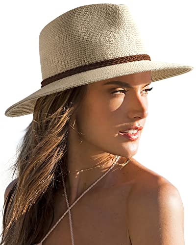 FURTALK Sun Hats for Women Summer Wide Brim UV UPF 50+ Panama Fedora Foldable Packable Straw Beach Hat Medium Beige