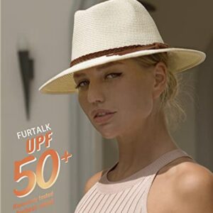 FURTALK Sun Hats for Women Summer Wide Brim UV UPF 50+ Panama Fedora Foldable Packable Straw Beach Hat Medium Beige