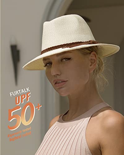 FURTALK Sun Hats for Women Summer Wide Brim UV UPF 50+ Panama Fedora Foldable Packable Straw Beach Hat Medium Beige