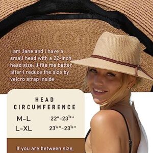 FURTALK Sun Hats for Women Summer Wide Brim UV UPF 50+ Panama Fedora Foldable Packable Straw Beach Hat Medium Beige