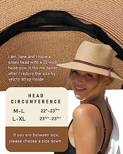 FURTALK Sun Hats for Women Summer Wide Brim UV UPF 50+ Panama Fedora Foldable Packable Straw Beach Hat Medium Beige