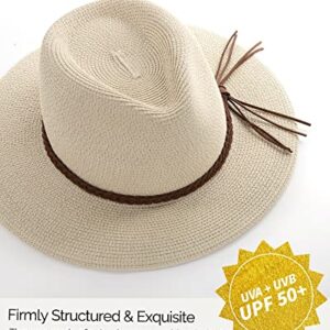 FURTALK Sun Hats for Women Summer Wide Brim UV UPF 50+ Panama Fedora Foldable Packable Straw Beach Hat Medium Beige