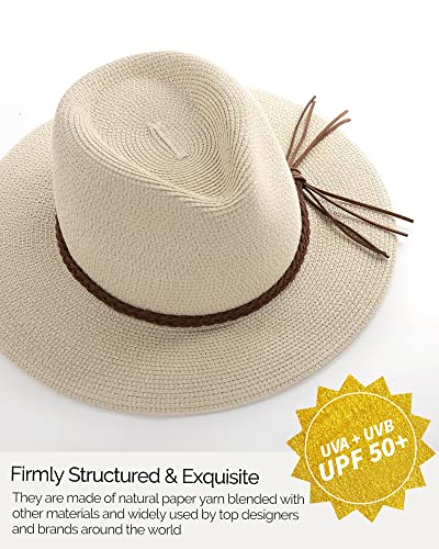 FURTALK Sun Hats for Women Summer Wide Brim UV UPF 50+ Panama Fedora Foldable Packable Straw Beach Hat Medium Beige