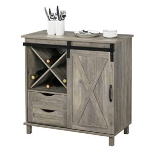 vingli farmhouse barn door wine liquor cabinet home coffee bar furniture w/removable x-shaped wine rack, rustic mini buffet sideboard accent storage cabinet with 2 drawers (wash grey)