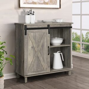 VINGLI Farmhouse Barn Door Wine Liquor Cabinet Home Coffee Bar Furniture w/Removable X-Shaped Wine Rack, Rustic Mini Buffet Sideboard Accent Storage Cabinet with 2 Drawers (Wash Grey)