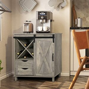 VINGLI Farmhouse Barn Door Wine Liquor Cabinet Home Coffee Bar Furniture w/Removable X-Shaped Wine Rack, Rustic Mini Buffet Sideboard Accent Storage Cabinet with 2 Drawers (Wash Grey)