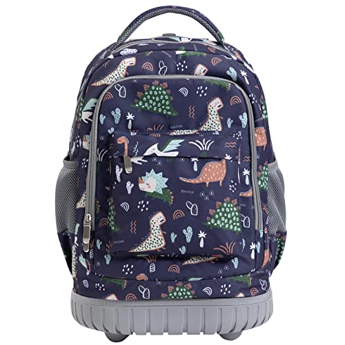 SKYMOVE 18 inches Wheeled Rolling Backpack for Boys and Girls Multi-Compartment School Students Books Laptop Trolley Bag Short Trip Carry-on, Dark Blue Dinosaur