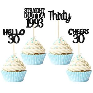 gyufise 24 pack 30th birthday cupcake toppers black glitter thirty straight outta 1993 hello 30 cupcake picks cheers to 30 years birthday anniversary cake decorations supplies