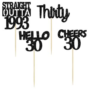 Gyufise 24 Pack 30th Birthday Cupcake Toppers Black Glitter Thirty Straight Outta 1993 Hello 30 Cupcake Picks Cheers to 30 Years Birthday Anniversary Cake Decorations Supplies