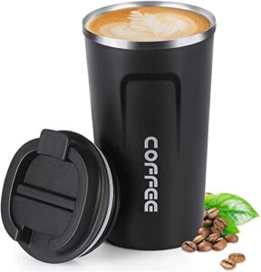 insulated coffee mug with lid, 18oz vacuum stainless steel tea tumbler cup, durable double wall leak-proof reusable coffee cup thermos mug for travel office school party camping (black)