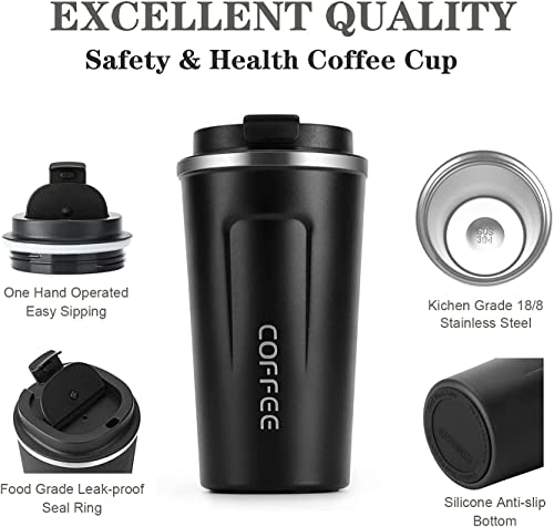 Insulated Coffee Mug with Lid, 18oz Vacuum Stainless Steel Tea Tumbler Cup, Durable Double Wall Leak-Proof Reusable Coffee Cup Thermos Mug for Travel Office School Party Camping (Black)