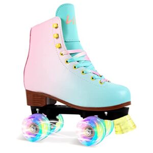 liku quad roller skates for girl and women with all wheel light up,indoor/outdoor lace-up fun illuminating roller skate for kid (pink&blue, 1-2)