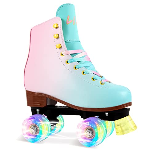 LIKU Quad Roller Skates for Girl and Women with All Wheel Light Up,Indoor/Outdoor Lace-Up Fun Illuminating Roller Skate for Kid (Pink&Blue, 1-2)