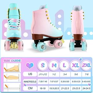 LIKU Quad Roller Skates for Girl and Women with All Wheel Light Up,Indoor/Outdoor Lace-Up Fun Illuminating Roller Skate for Kid (Pink&Blue, 1-2)