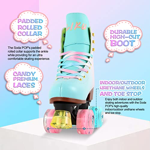 LIKU Quad Roller Skates for Girl and Women with All Wheel Light Up,Indoor/Outdoor Lace-Up Fun Illuminating Roller Skate for Kid (Pink&Blue, 1-2)