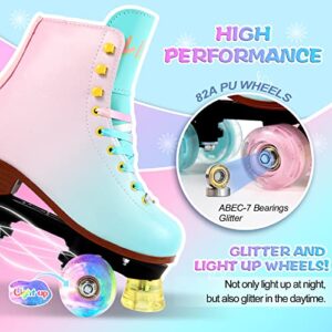 LIKU Quad Roller Skates for Girl and Women with All Wheel Light Up,Indoor/Outdoor Lace-Up Fun Illuminating Roller Skate for Kid (Pink&Blue, 1-2)