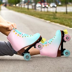 LIKU Quad Roller Skates for Girl and Women with All Wheel Light Up,Indoor/Outdoor Lace-Up Fun Illuminating Roller Skate for Kid (Pink&Blue, 1-2)